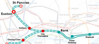 DLR map showing extension to Euston and St Pancras