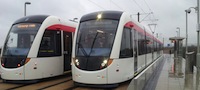 two trams at Ingliston tram stop (March 2013)